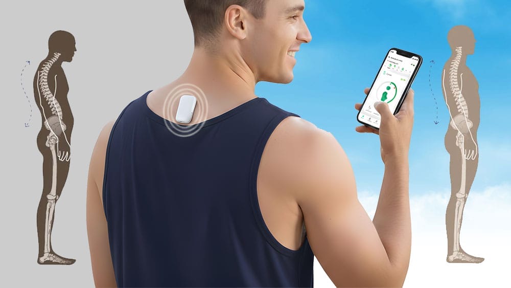 Man wearing Upright GO 2 posture correction device on upper back while viewing smartphone app, with skeletal diagrams showing poor forward head posture versus healthy upright alignment on either side