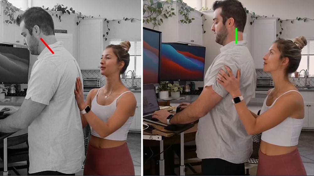 Before and after comparison showing woman correcting man's forward head posture at standing desk, with red arrow indicating poor posture eliminated in second image showing improved upright alignment